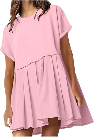 Womens Cute Splicing Sweatshirt Dress Summer Ruffle A Line Babydoll Dress Short Sleeve Athletic Tennis Mini Dresses