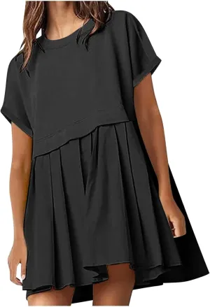 Womens Cute Splicing Sweatshirt Dress Summer Ruffle A Line Babydoll Dress Short Sleeve Athletic Tennis Mini Dresses