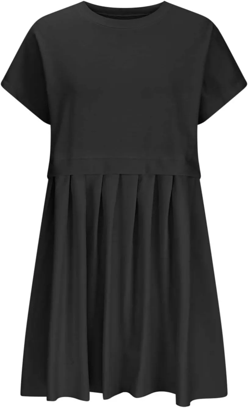 Womens Cute Splicing Sweatshirt Dress Summer Ruffle A Line Babydoll Dress Short Sleeve Athletic Tennis Mini Dresses