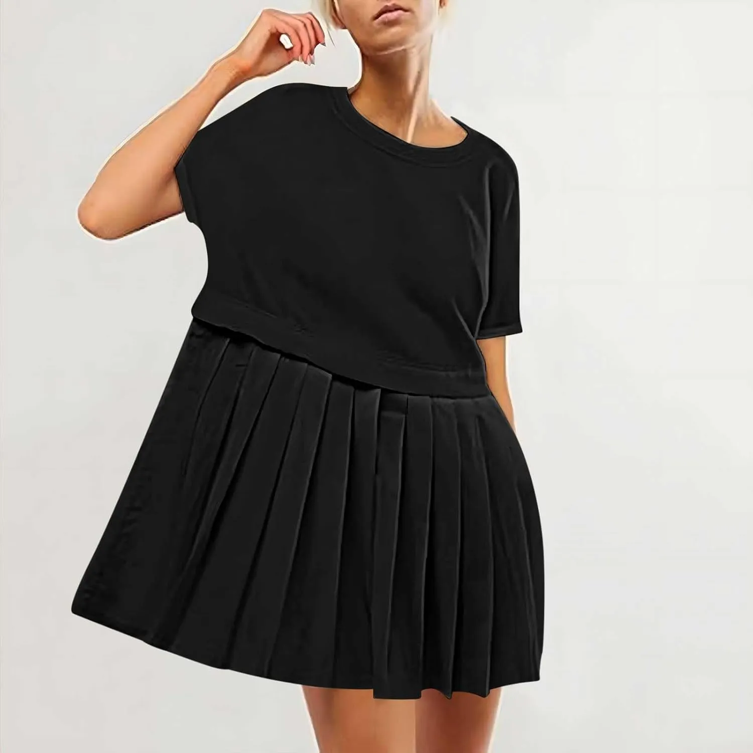 Womens Cute Splicing Sweatshirt Dress Summer Ruffle A Line Babydoll Dress Short Sleeve Athletic Tennis Mini Dresses