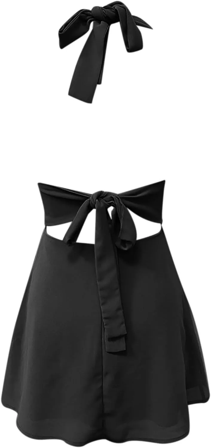 Womens Deep V Mini Dress Bow Tie Sleeveless Backless Ruched Flowy Wrap Ruffle Hem Summer Summer Dress for