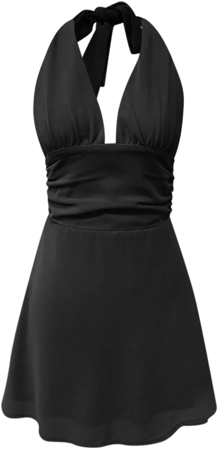 Womens Deep V Mini Dress Bow Tie Sleeveless Backless Ruched Flowy Wrap Ruffle Hem Summer Summer Dress for