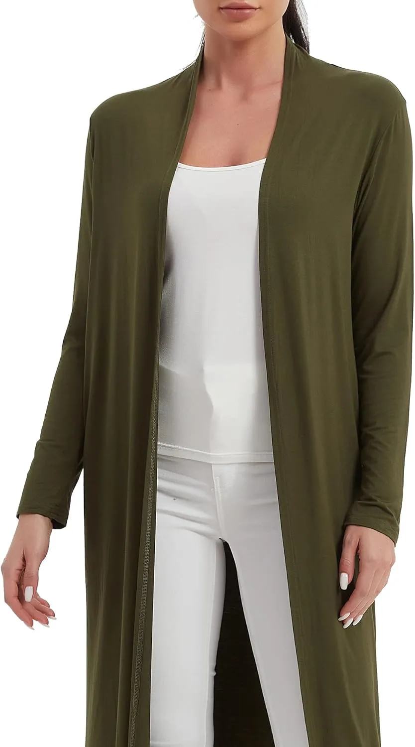 Women's Floor Length Drape Sweater Cardigan -Lightweight Long Sleeve Open Front Maxi Duster with Pockets