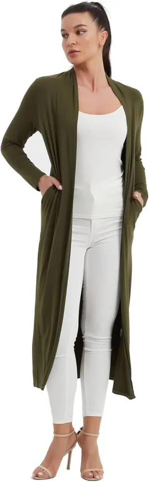 Women's Floor Length Drape Sweater Cardigan -Lightweight Long Sleeve Open Front Maxi Duster with Pockets