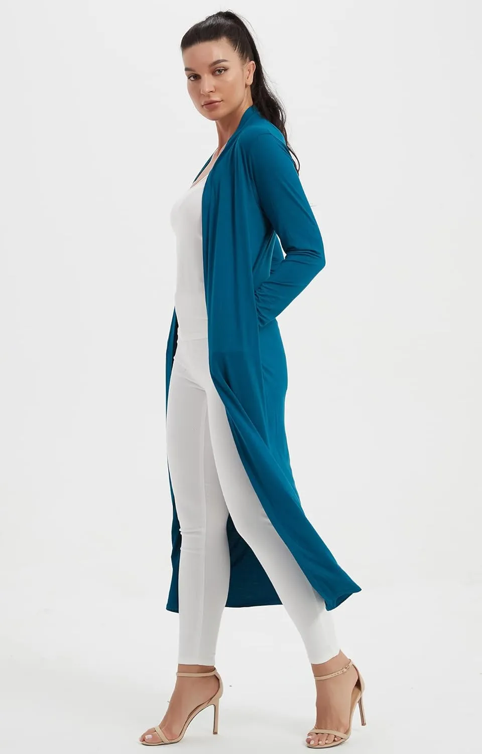 Women's Floor Length Drape Sweater Cardigan -Lightweight Long Sleeve Open Front Maxi Duster with Pockets
