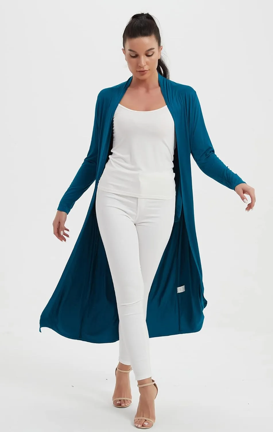 Women's Floor Length Drape Sweater Cardigan -Lightweight Long Sleeve Open Front Maxi Duster with Pockets