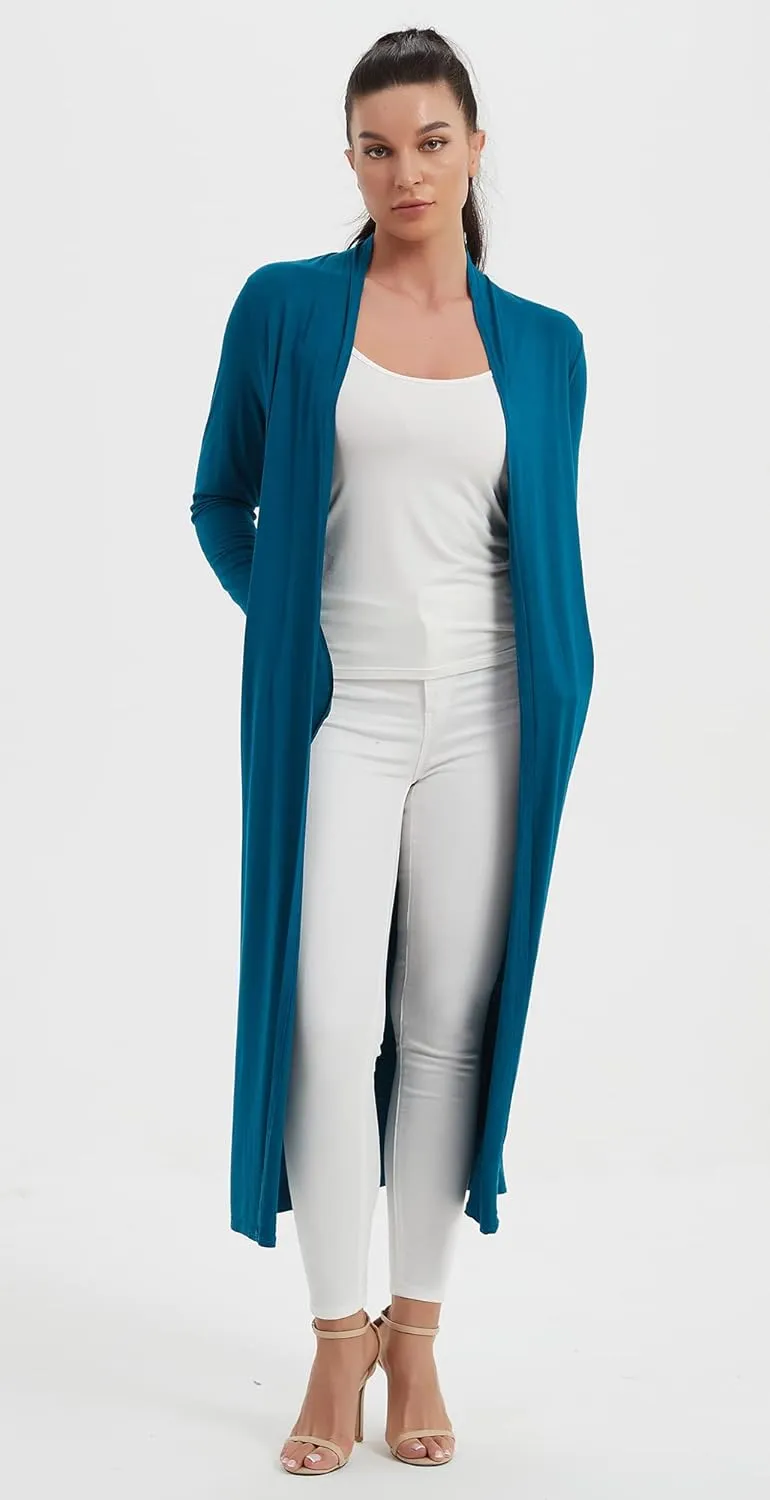 Women's Floor Length Drape Sweater Cardigan -Lightweight Long Sleeve Open Front Maxi Duster with Pockets