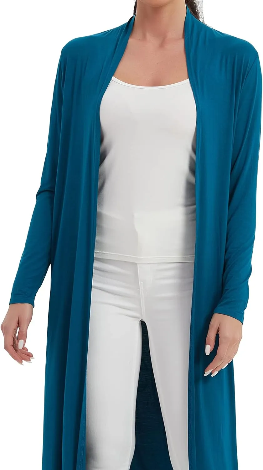 Women's Floor Length Drape Sweater Cardigan -Lightweight Long Sleeve Open Front Maxi Duster with Pockets