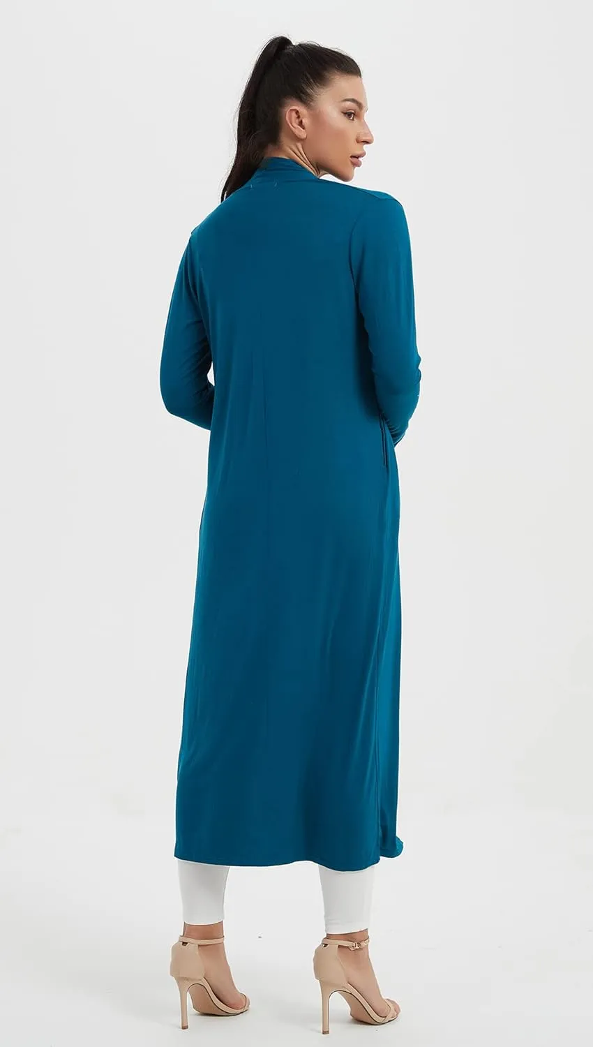 Women's Floor Length Drape Sweater Cardigan -Lightweight Long Sleeve Open Front Maxi Duster with Pockets