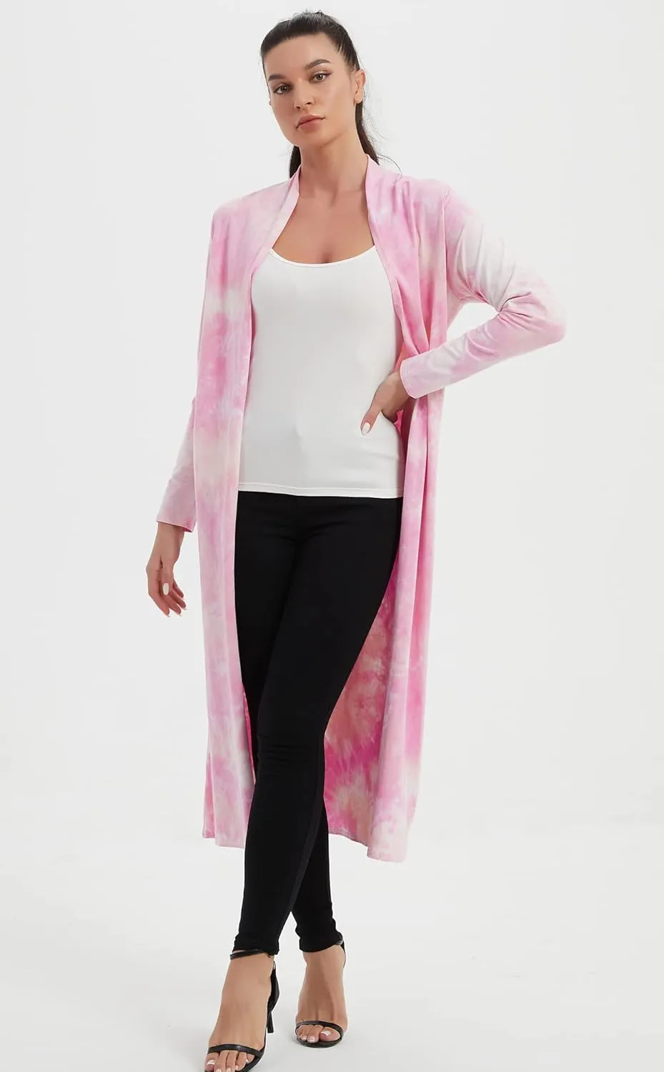Women's Floor Length Drape Sweater Cardigan -Lightweight Long Sleeve Open Front Maxi Duster with Pockets
