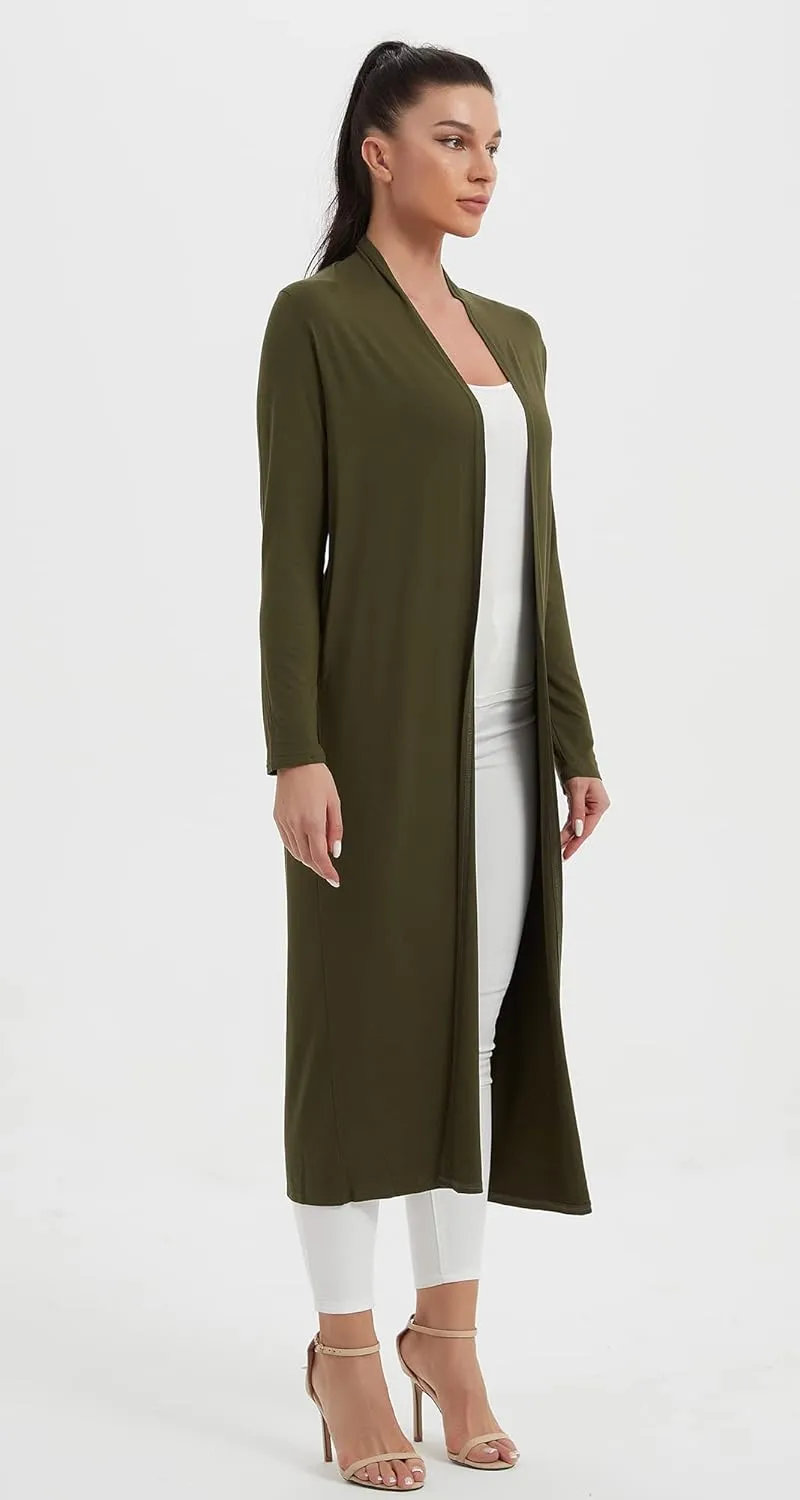 Women's Floor Length Drape Sweater Cardigan -Lightweight Long Sleeve Open Front Maxi Duster with Pockets