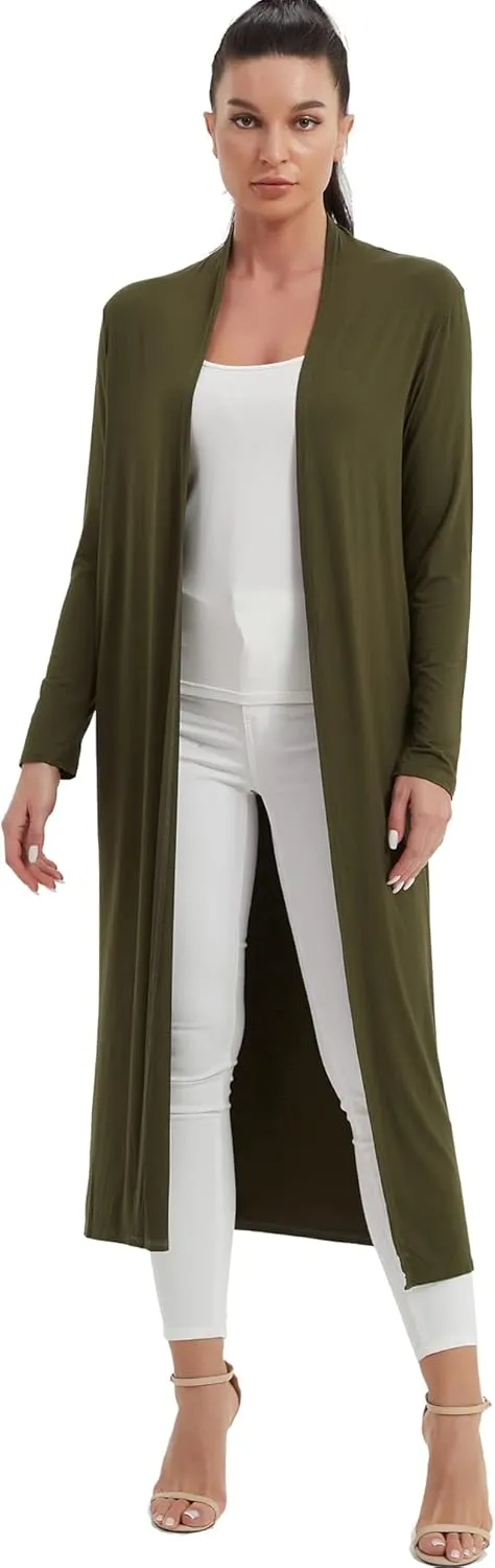 Women's Floor Length Drape Sweater Cardigan -Lightweight Long Sleeve Open Front Maxi Duster with Pockets