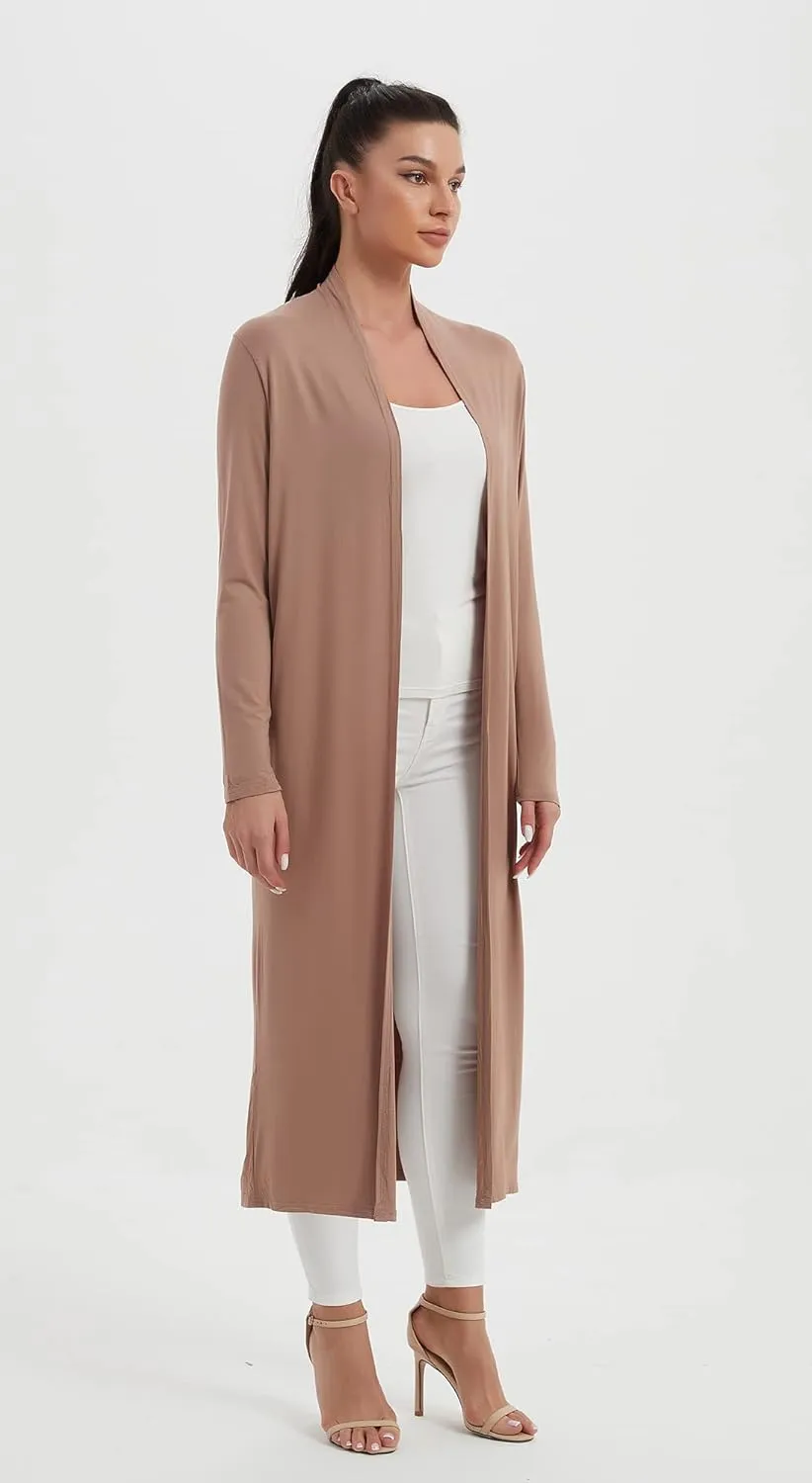 Women's Floor Length Drape Sweater Cardigan -Lightweight Long Sleeve Open Front Maxi Duster with Pockets