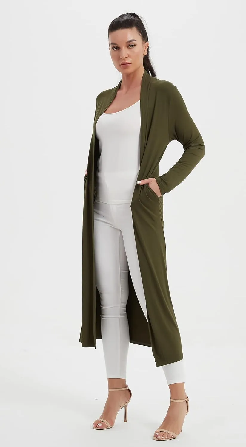 Women's Floor Length Drape Sweater Cardigan -Lightweight Long Sleeve Open Front Maxi Duster with Pockets