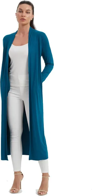 Women's Floor Length Drape Sweater Cardigan -Lightweight Long Sleeve Open Front Maxi Duster with Pockets