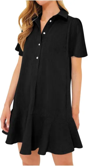 Women's Half Button Down Shirt Dress Summer Casual Lapel Short Sleeve Cotton Linen Dress Ruffle Shift Mini Dresses