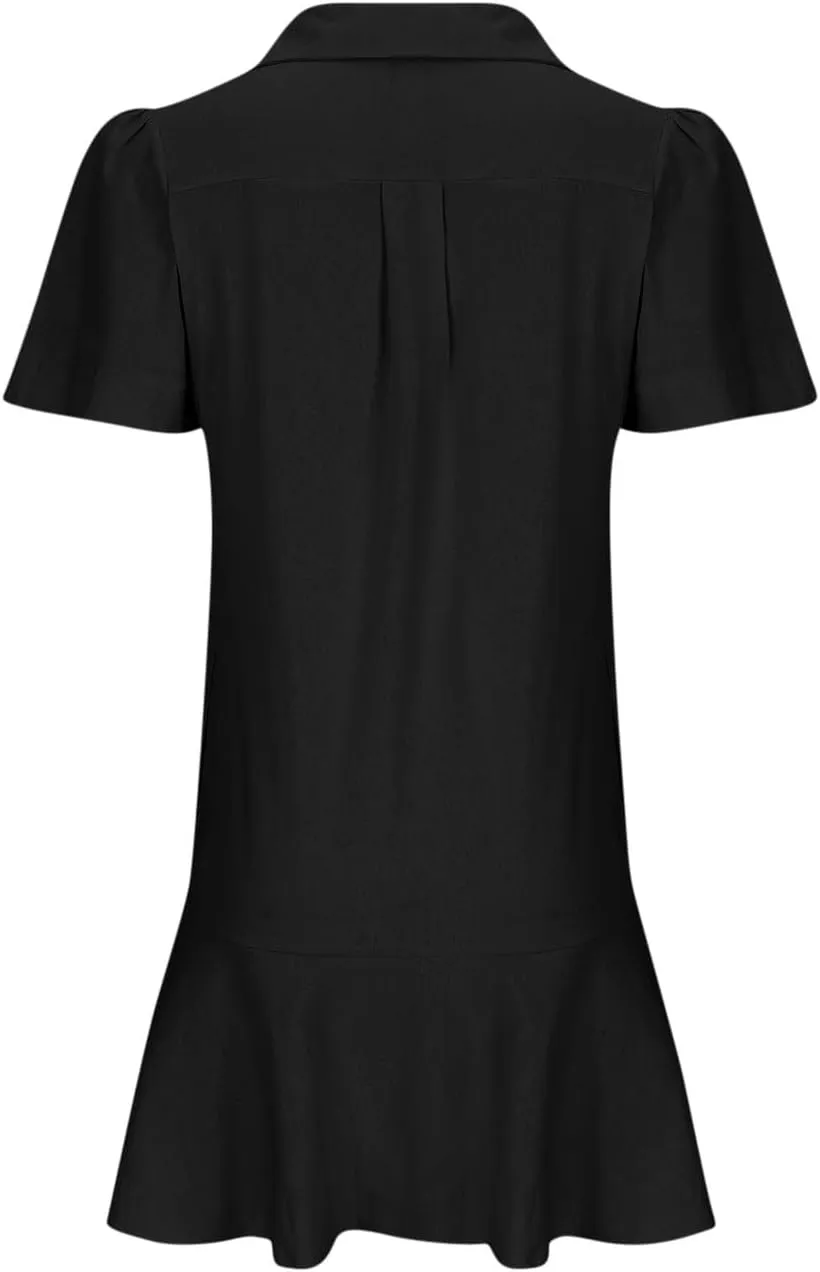 Women's Half Button Down Shirt Dress Summer Casual Lapel Short Sleeve Cotton Linen Dress Ruffle Shift Mini Dresses
