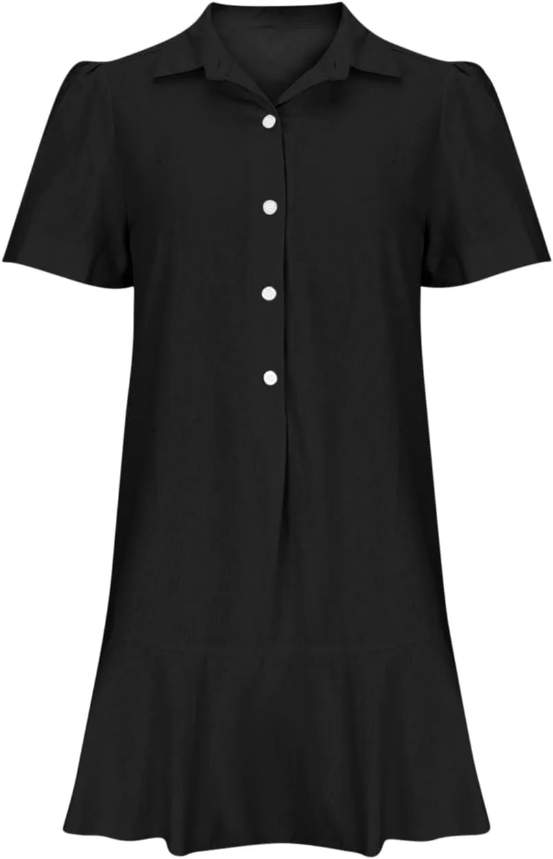 Women's Half Button Down Shirt Dress Summer Casual Lapel Short Sleeve Cotton Linen Dress Ruffle Shift Mini Dresses