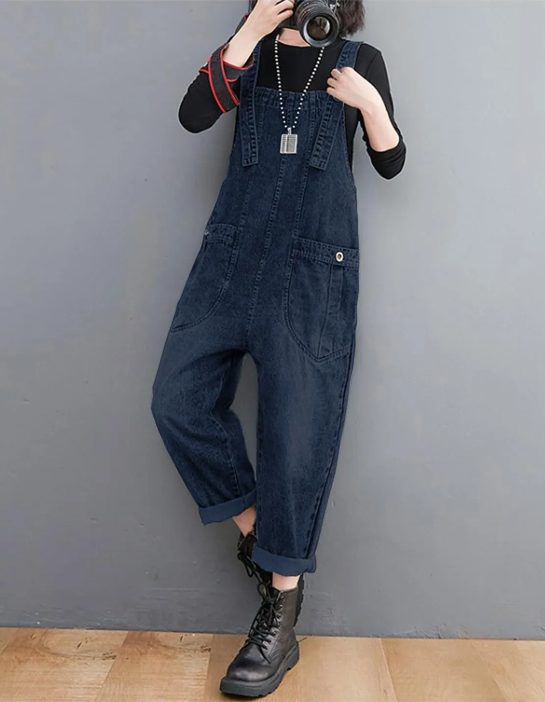 Women's Loose Baggy Denim Overalls Casual Vintage Adjustable Straps Stretch Bib Jumpsuit Rompers Harem Pants