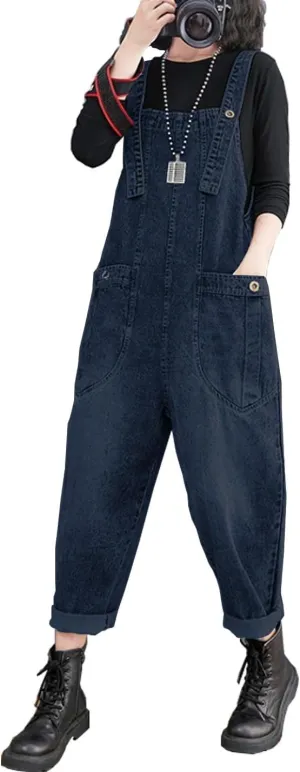 Women's Loose Baggy Denim Overalls Casual Vintage Adjustable Straps Stretch Bib Jumpsuit Rompers Harem Pants