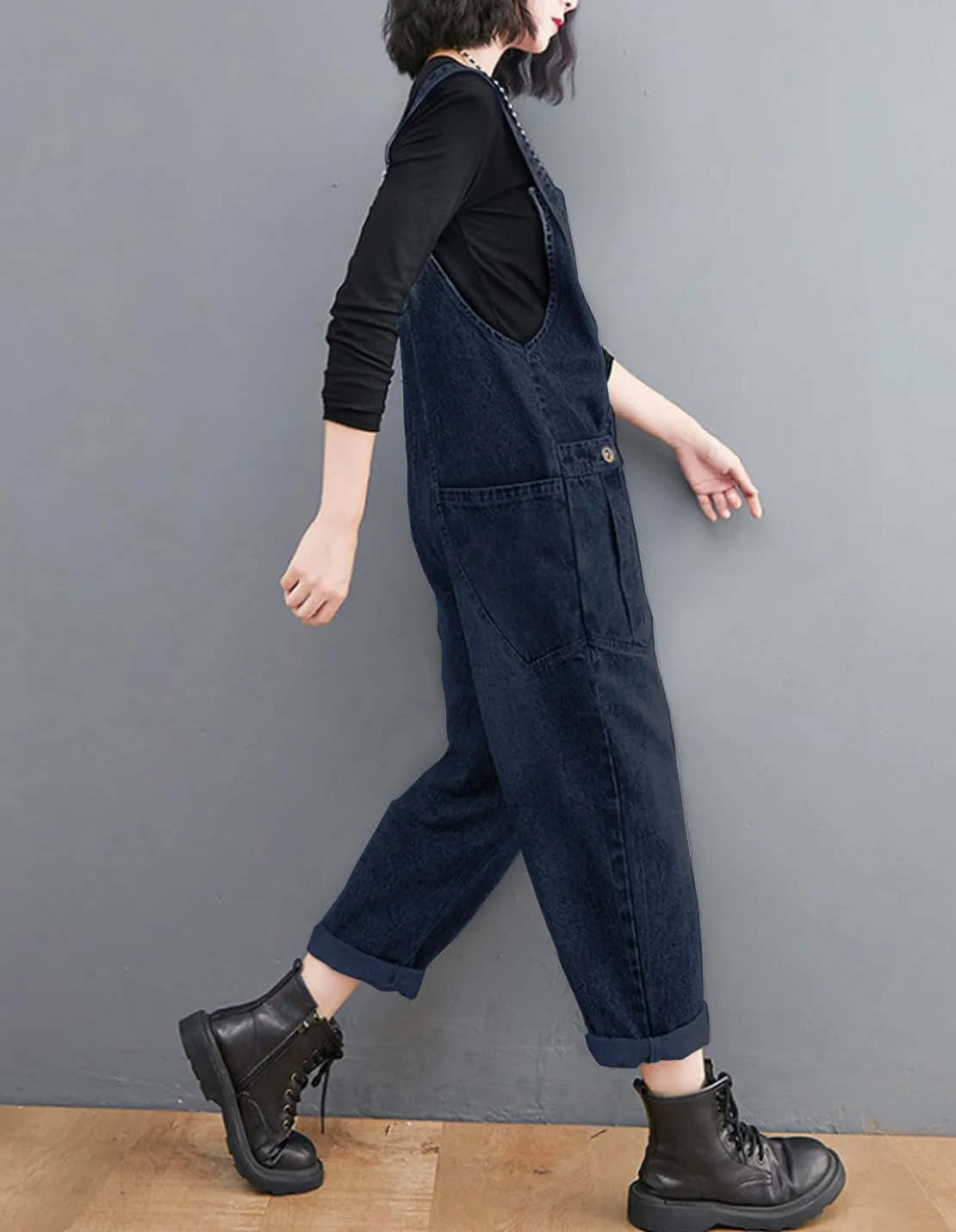 Women's Loose Baggy Denim Overalls Casual Vintage Adjustable Straps Stretch Bib Jumpsuit Rompers Harem Pants