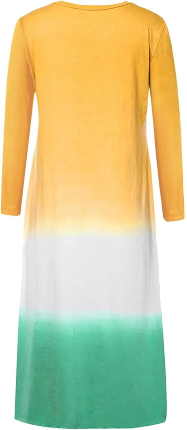 Womens Lounge Dresses 2025 Casual Loose Fit Long Sleeve Crew Neck Midi Dress Trendy Tie-Dye Print Plus Size Dress