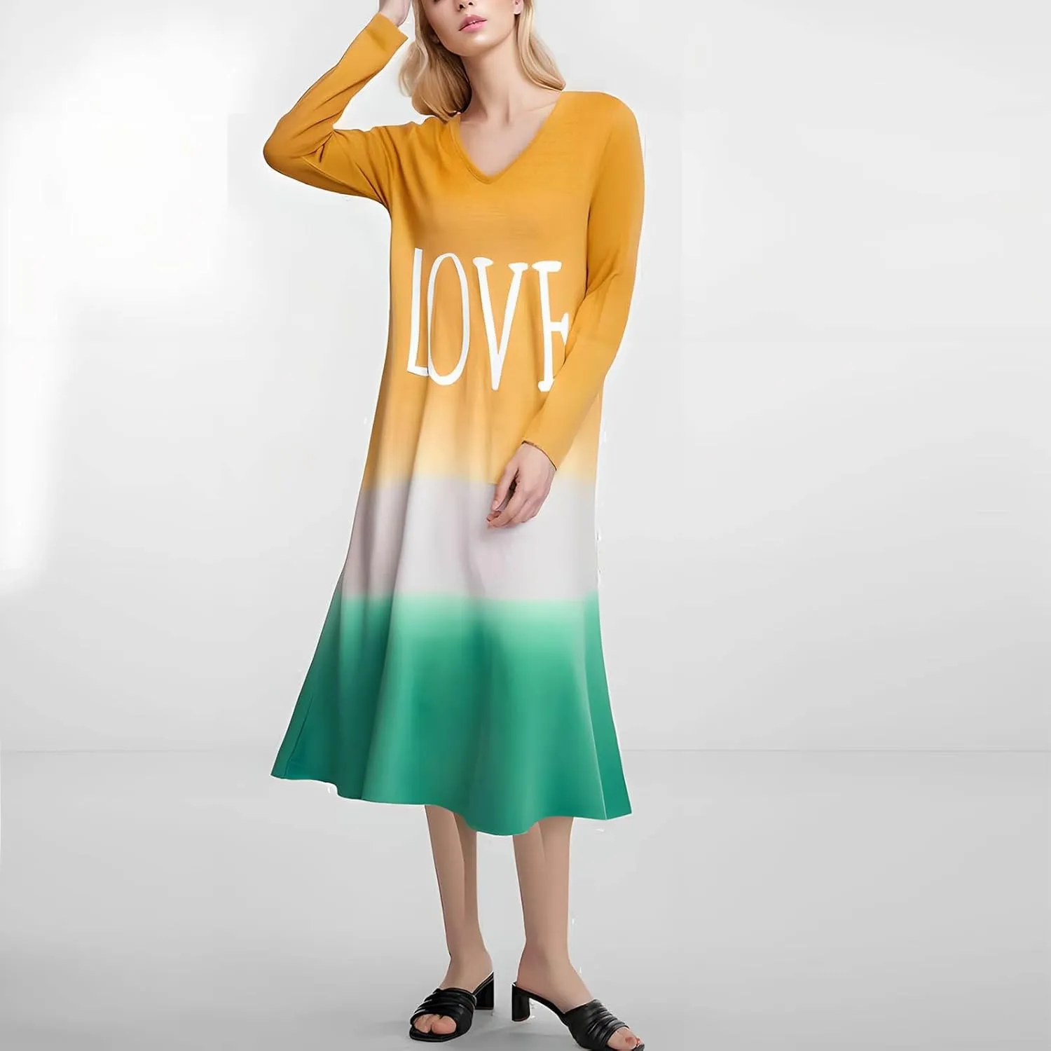 Womens Lounge Dresses 2025 Casual Loose Fit Long Sleeve Crew Neck Midi Dress Trendy Tie-Dye Print Plus Size Dress