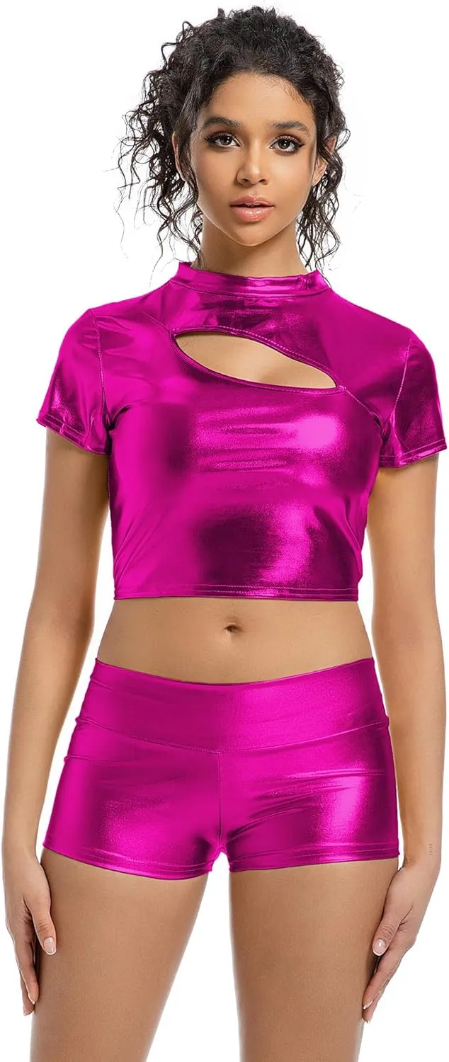 Women's Metallic Booty Shorts High Waisted Shiny Bottoms Rave Hot Pants for Dance, Party, Festival