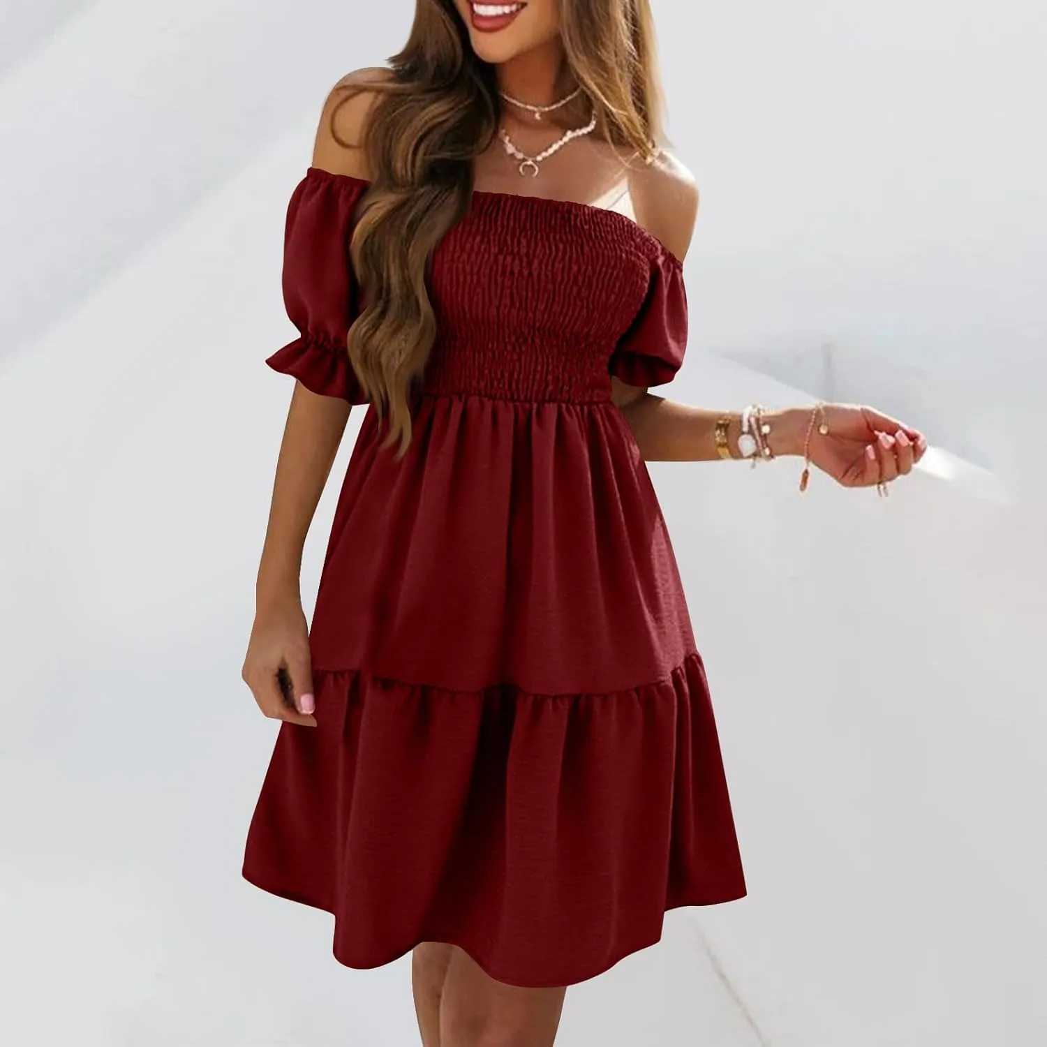 Women's Off The Shoulder Summer Dresses 2025 Short Puff Sleeve Ruffle Elastic Waist A-Line Smocked Casual Mini Dress