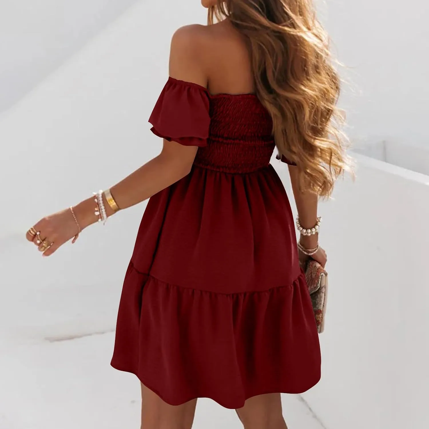 Women's Off The Shoulder Summer Dresses 2025 Short Puff Sleeve Ruffle Elastic Waist A-Line Smocked Casual Mini Dress