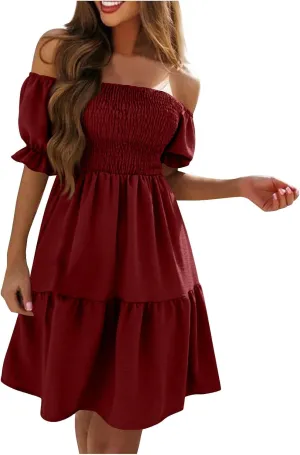 Women's Off The Shoulder Summer Dresses 2025 Short Puff Sleeve Ruffle Elastic Waist A-Line Smocked Casual Mini Dress