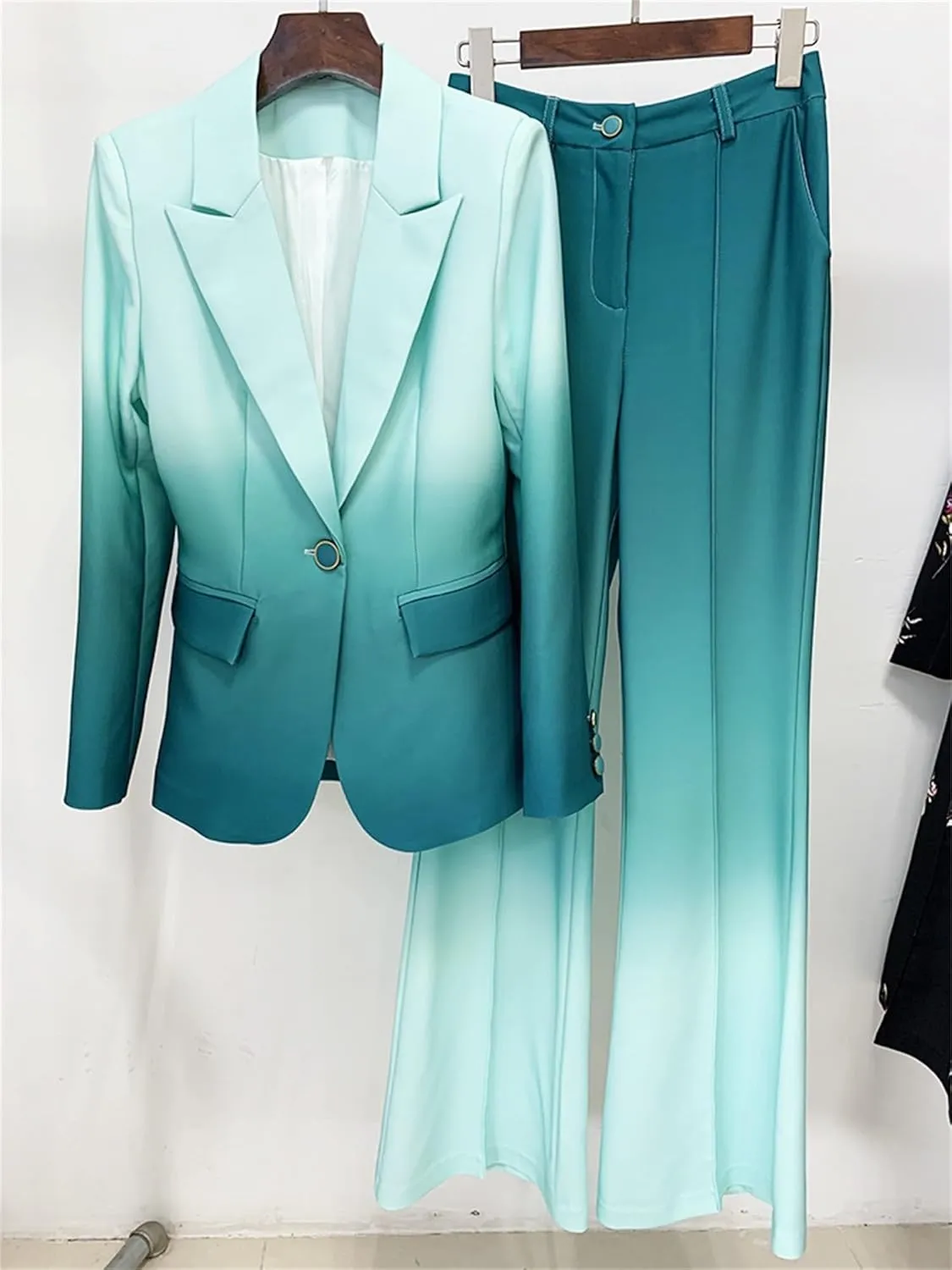Women's Pant Suit Set Designer Gradient Color 2pcs Business Blazer Flare Pants Wedding Party Outfit