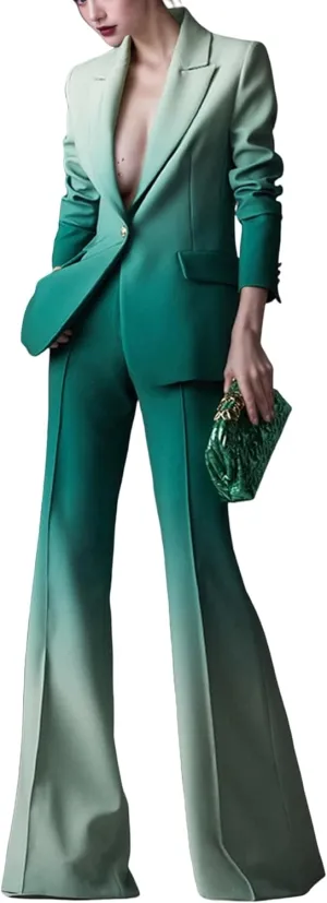 Women's Pant Suit Set Designer Gradient Color 2pcs Business Blazer Flare Pants Wedding Party Outfit