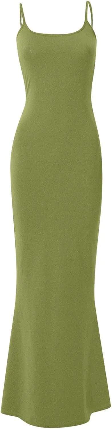 Womens Spaghetti Strap Bodycon Maxi Dress Summer Casual Sleeveless Long Beach Dresses Ruched Elegant Evening Dress
