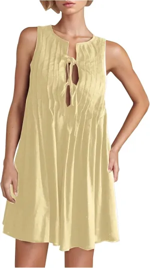 Womens Summer Beach A Line Mini Dress 2025 Sleeveless Round Neck Cute Bow Tie Front Loose Pleated Casual Short Dresses