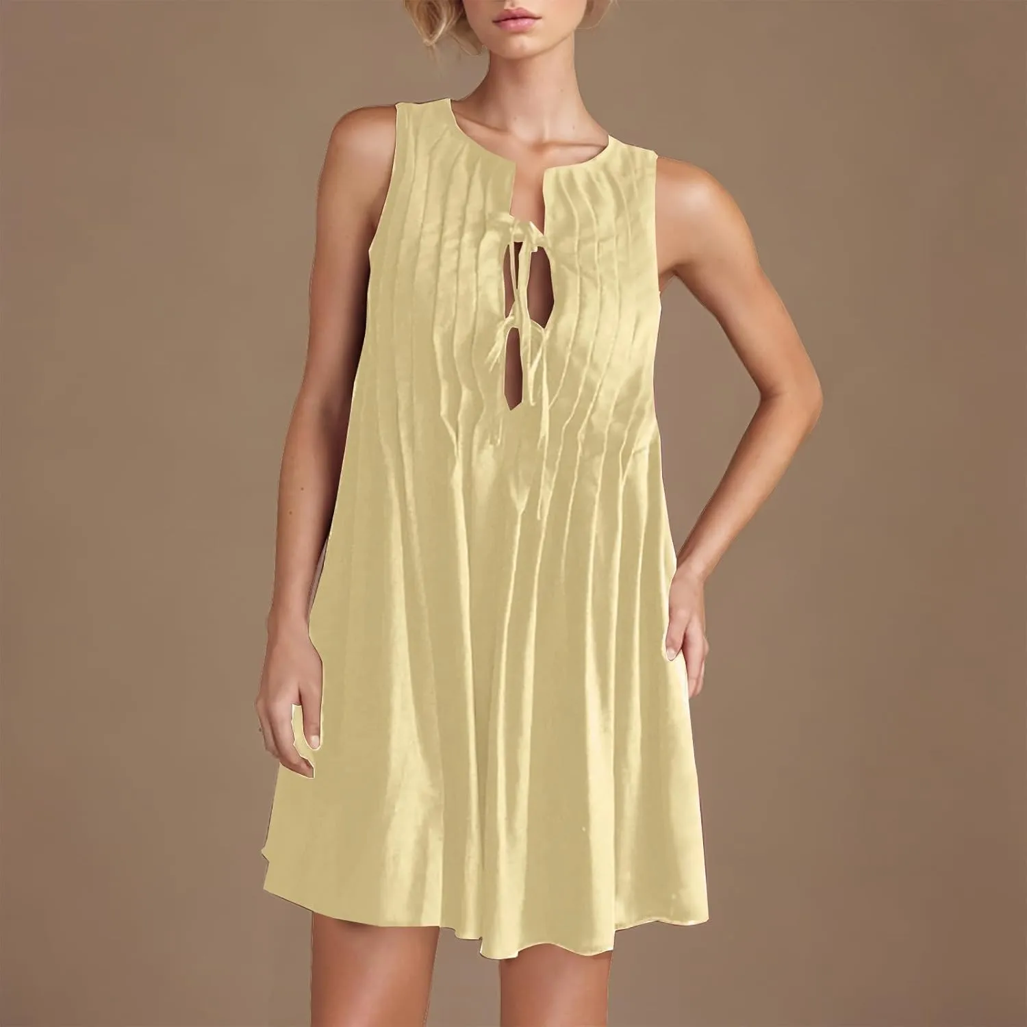Womens Summer Beach A Line Mini Dress 2025 Sleeveless Round Neck Cute Bow Tie Front Loose Pleated Casual Short Dresses