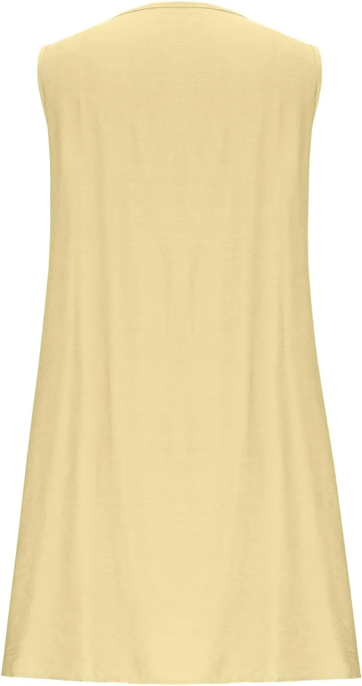 Womens Summer Beach A Line Mini Dress 2025 Sleeveless Round Neck Cute Bow Tie Front Loose Pleated Casual Short Dresses