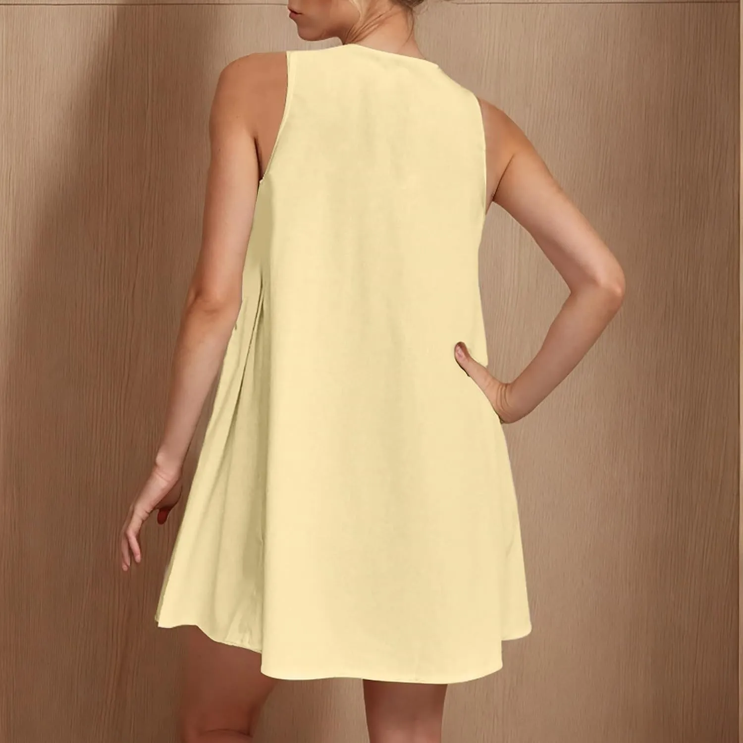 Womens Summer Beach A Line Mini Dress 2025 Sleeveless Round Neck Cute Bow Tie Front Loose Pleated Casual Short Dresses