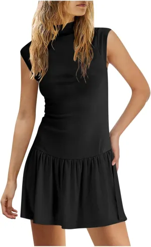 Womens Summer Casual Mock Neck Sundresses Cotton Pleated Knee Length Sleeveless Tank Dress Fashion Wrap Mini Dresses
