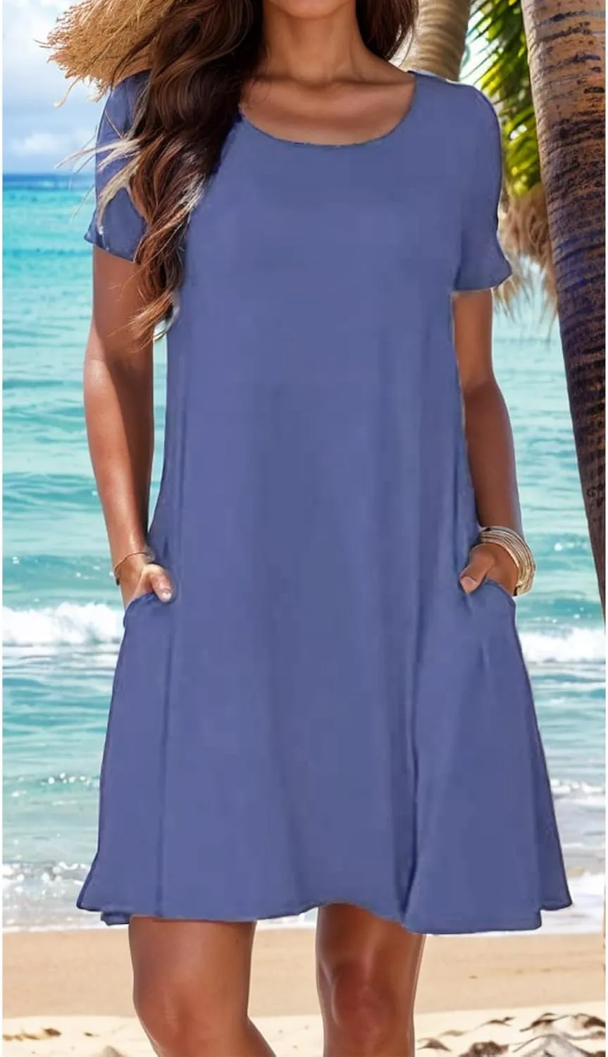 Women's Summer Casual T-Shirt Dress Beach Boho Swing Dresses Short Sleeve Loose Flowy Sundress with Pockets