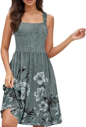 Women's Summer Dress Casual Square Neck Sleeveless A-line Swing Mini Dresses Floral Printed Beach Party Sundress