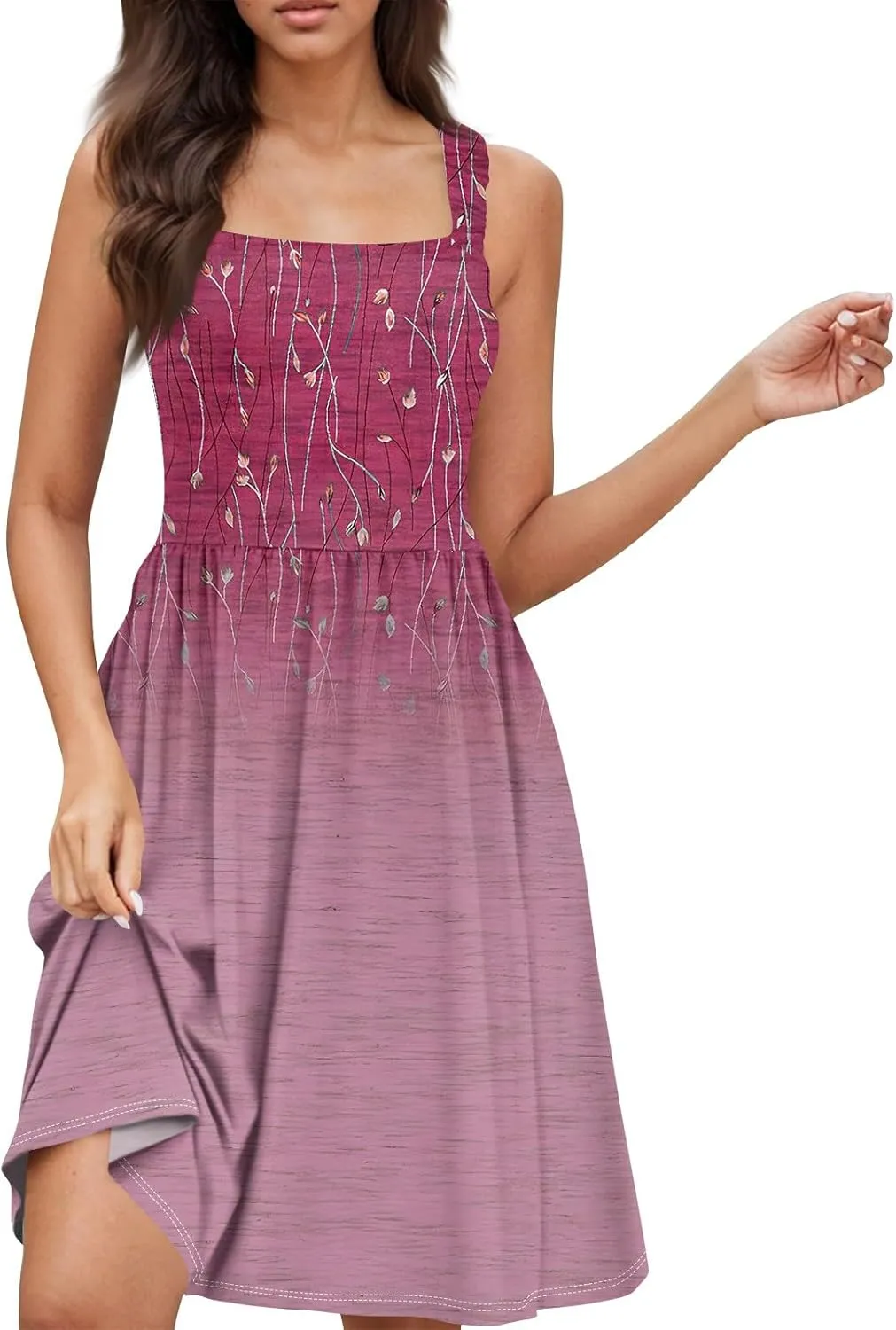 Women's Summer Dress Casual Square Neck Sleeveless A-line Swing Mini Dresses Floral Printed Beach Party Sundress