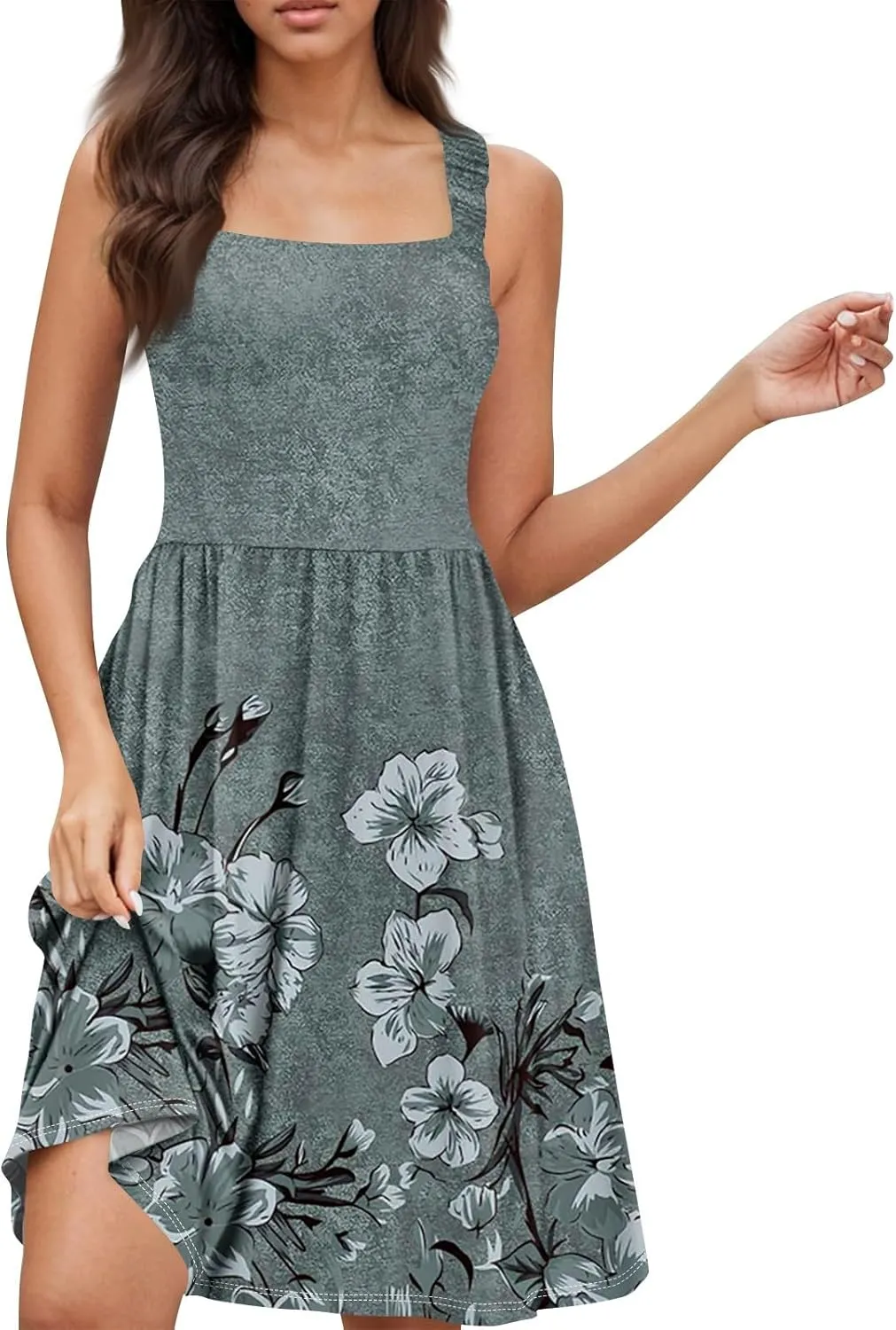 Women's Summer Dress Casual Square Neck Sleeveless A-line Swing Mini Dresses Floral Printed Beach Party Sundress