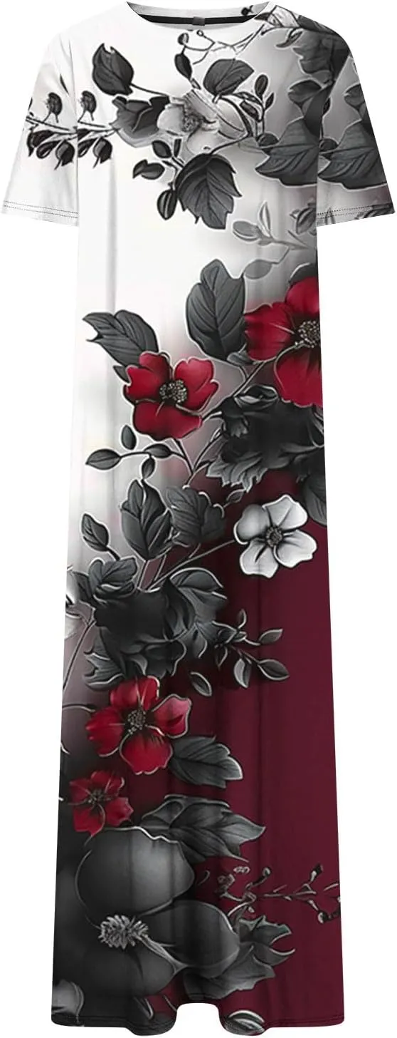 Womens Summer Dresses Casual Boho Floral Print Short Sleeve Midi Sundress Loose Fit Fashion Dress with Pockets