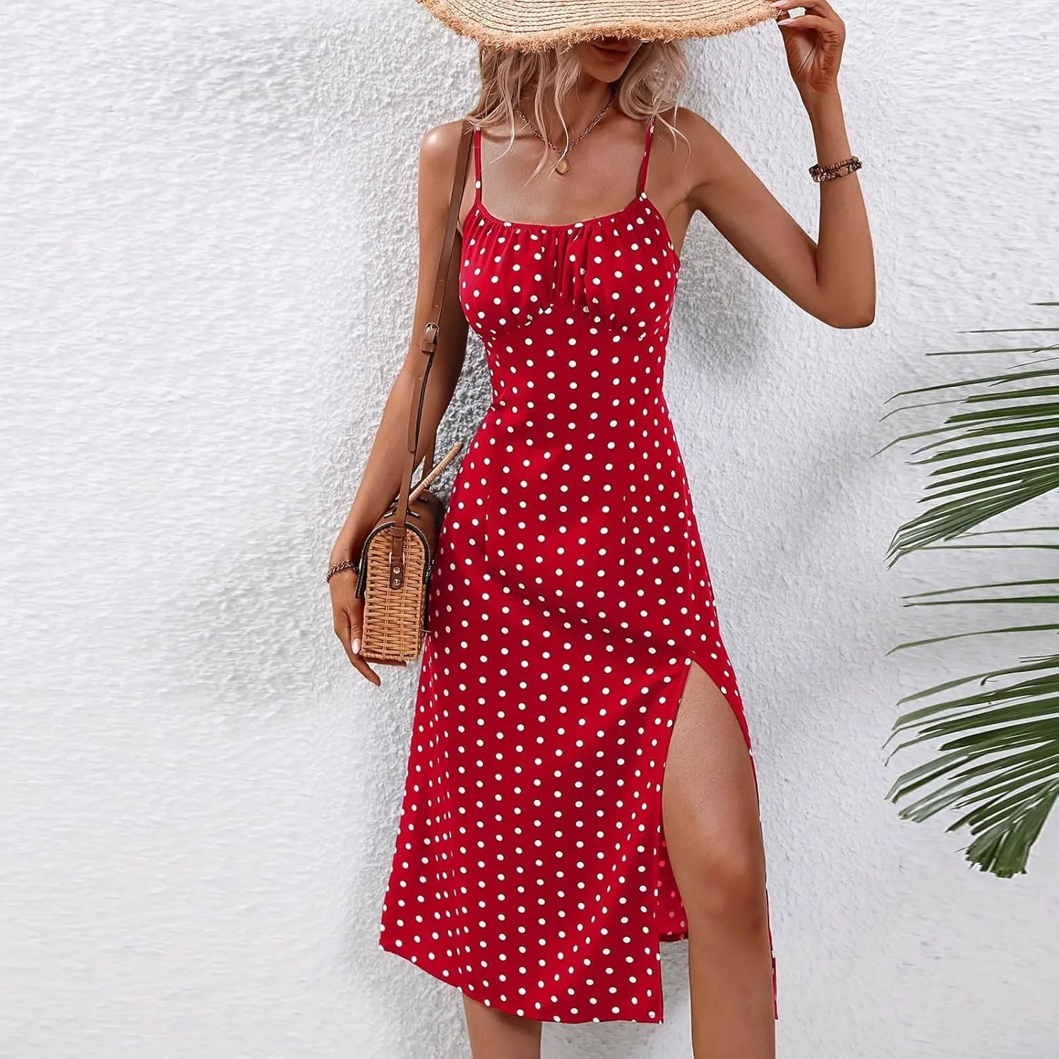 Womens Summer Dresses Empire Waist Polka Dots Spaghetti Strap Sundress Side Split Wedding Guest A-Line Midi Dress