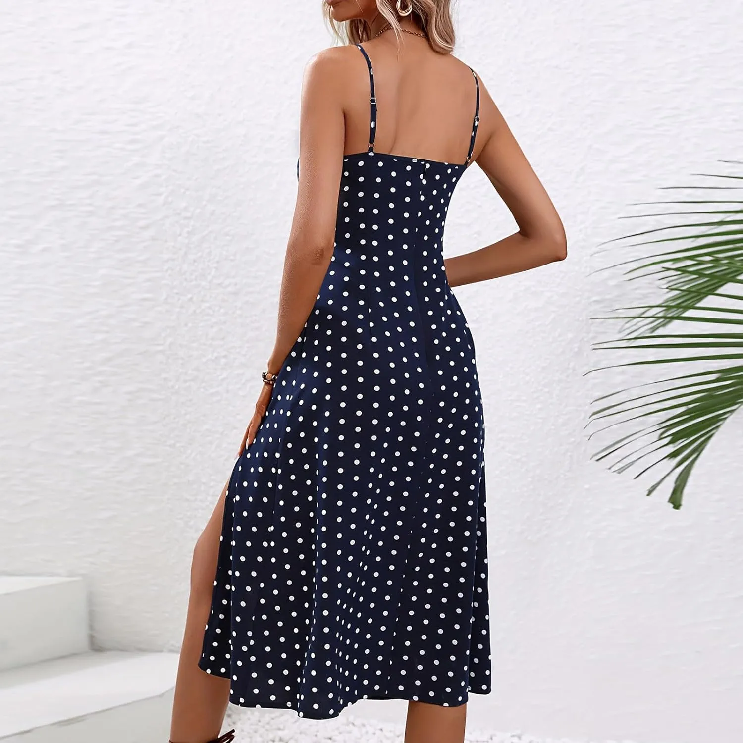 Womens Summer Dresses Empire Waist Polka Dots Spaghetti Strap Sundress Side Split Wedding Guest A-Line Midi Dress
