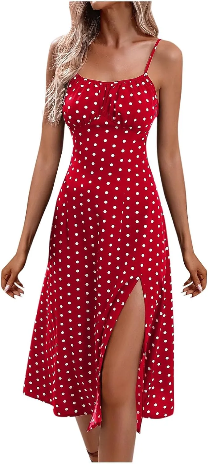 Womens Summer Dresses Empire Waist Polka Dots Spaghetti Strap Sundress Side Split Wedding Guest A-Line Midi Dress