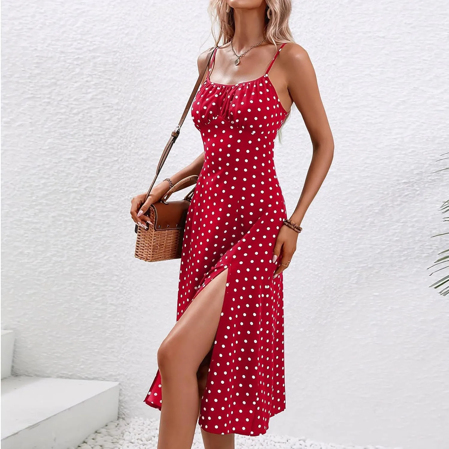 Womens Summer Dresses Empire Waist Polka Dots Spaghetti Strap Sundress Side Split Wedding Guest A-Line Midi Dress