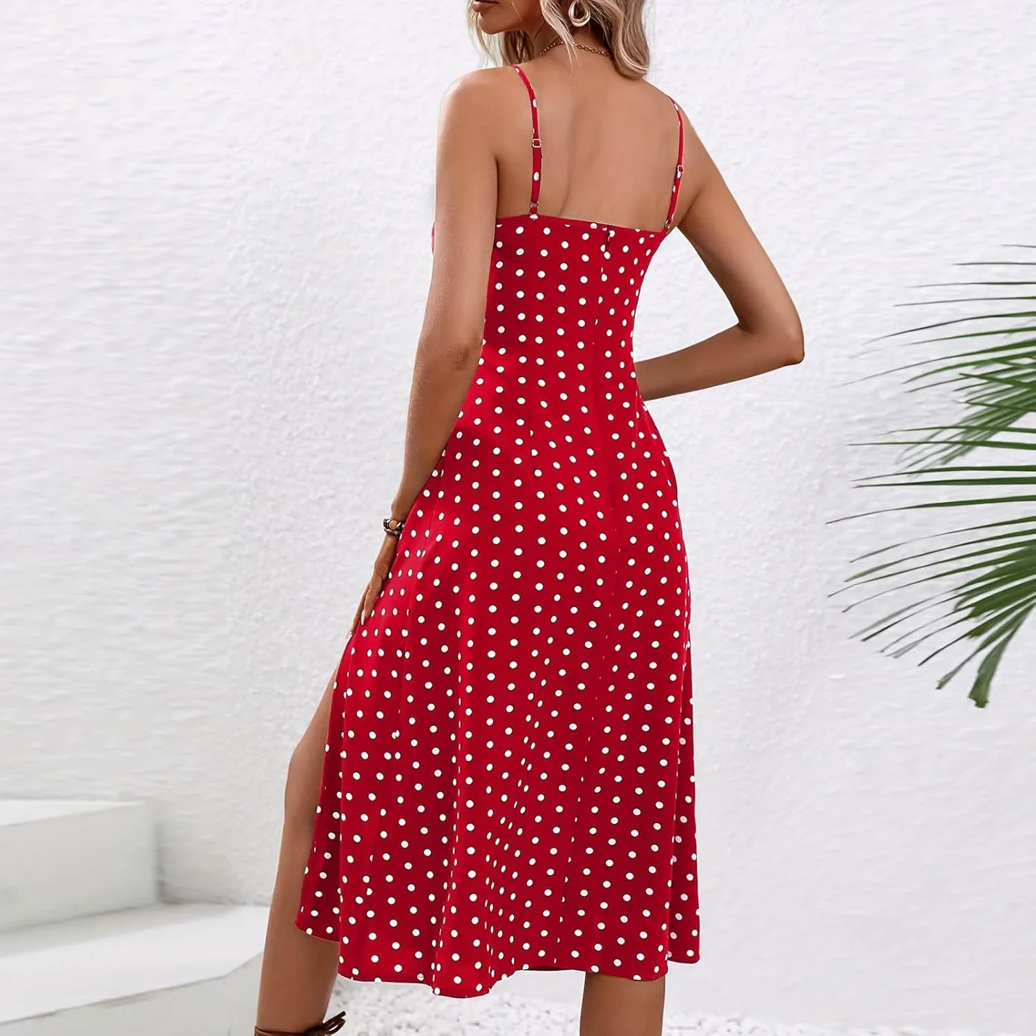 Womens Summer Dresses Empire Waist Polka Dots Spaghetti Strap Sundress Side Split Wedding Guest A-Line Midi Dress