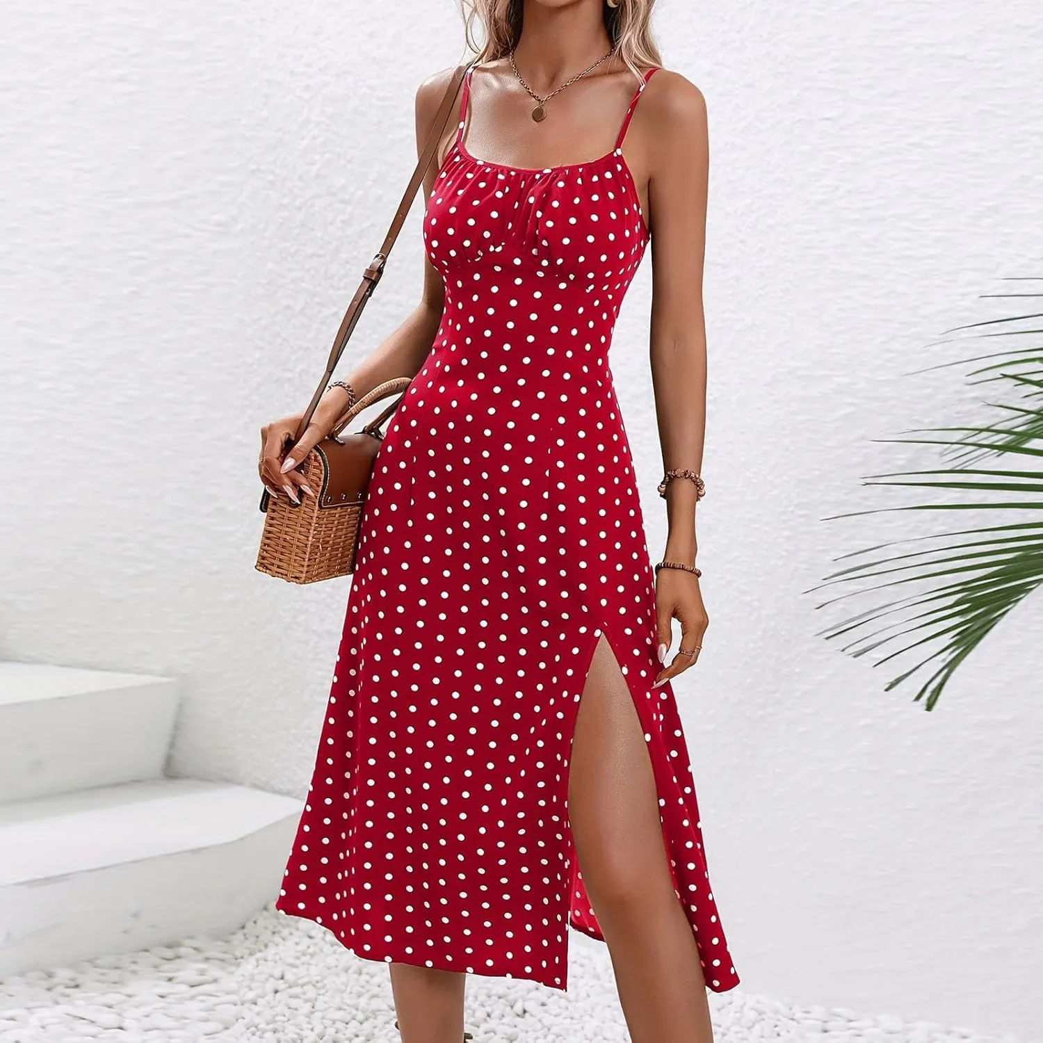Womens Summer Dresses Empire Waist Polka Dots Spaghetti Strap Sundress Side Split Wedding Guest A-Line Midi Dress
